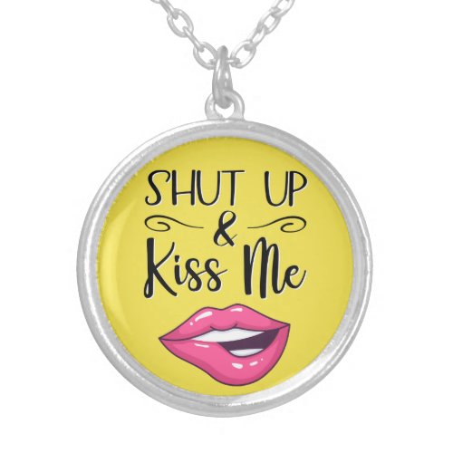 Pink cartoon lips Shut up and kiss me yellow Silver Plated Necklace