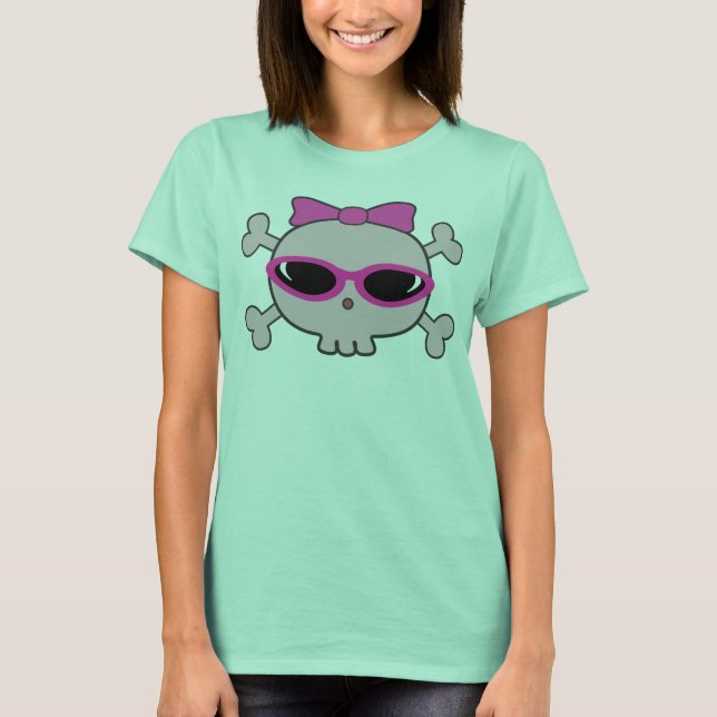 Pink Cartoon Skull & Crossbones With Sunglasses T-Shirt (Front)