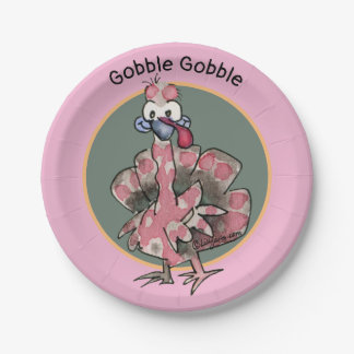 Pink Cartoon Turkey Gobble Paper Plates
