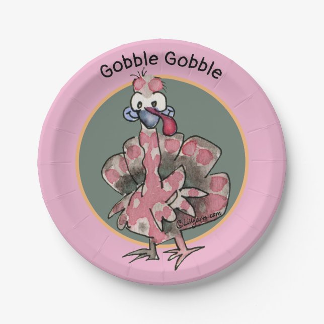 Pink Cartoon Turkey Gobble Paper Plates (Front)