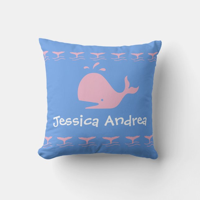 Pink CARTOON whale / w/ blue & white Personalized Throw Pillow (Front)