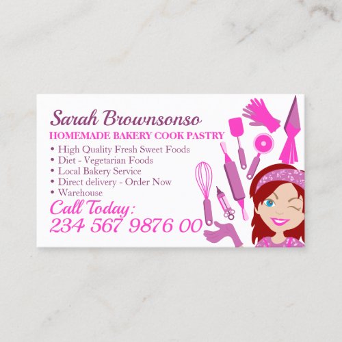 Pink Cartoon Woman Blue Eyes Bakery Cake Pastry Business Card
