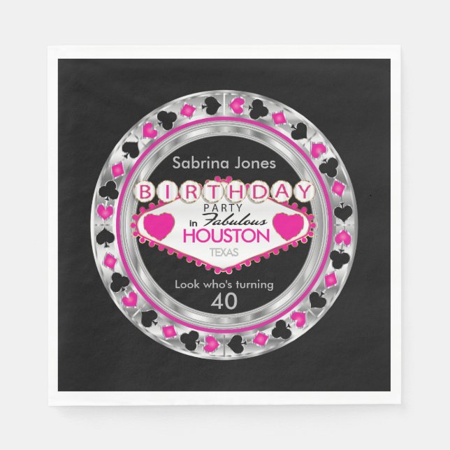 Pink Casino Poker Chip Birthday Party Paper Napkins (Front)