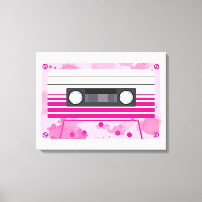 Pink Cassette Tape with Pink Watercolor Splashes Canvas Print (Front)