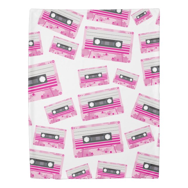 Pink Cassette Tape with Pink Watercolor Splashes Duvet Cover (Front)