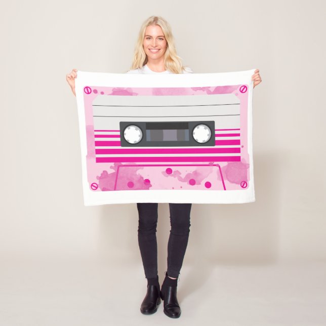 Pink Cassette Tape with Pink Watercolor Splashes Fleece Blanket (In Situ)