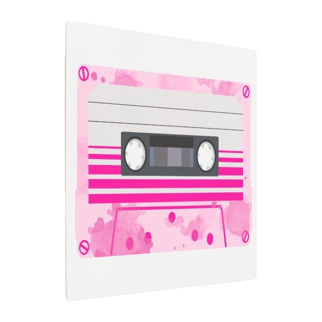 Pink Cassette Tape with Pink Watercolor Splashes  Metal Print (Angled)