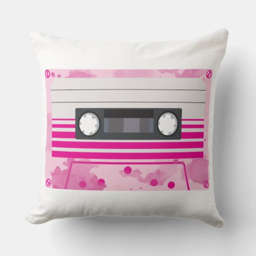 Pink Cassette Tape with Pink Watercolor Splashes Throw Pillow