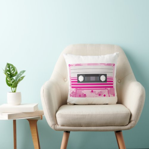 Pink Cassette Tape with Pink Watercolor Splashes Throw Pillow