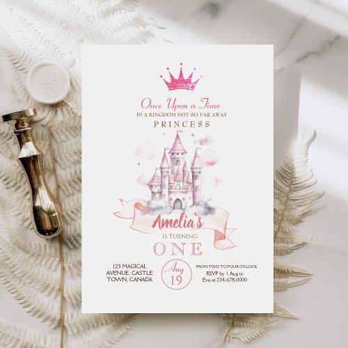  Pink Castel First Princess Birthday Party  Invitation