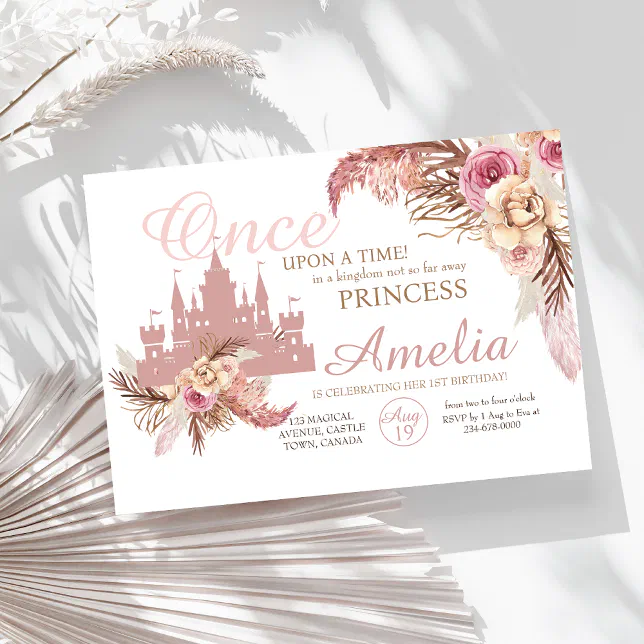Pink Castle Flower Pampas Princess 1st Birthday Invitation | Zazzle