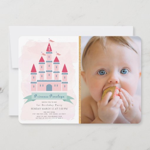 Pink Castle Princess Girl Photo 1st Birthday Invitation | Zazzle