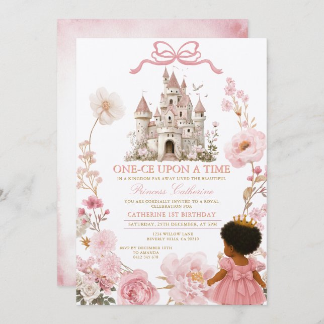 Pink Castle Princess One-ce Upon A Time Birthday I Invitation (Front/Back)