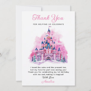 Pink Castle Watercolor 1st Birthday Thank You Card