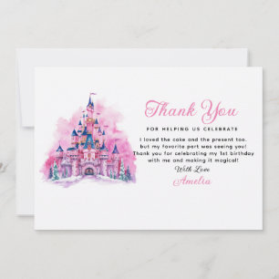 Pink Castle Watercolor 1st Birthday Thank You Card