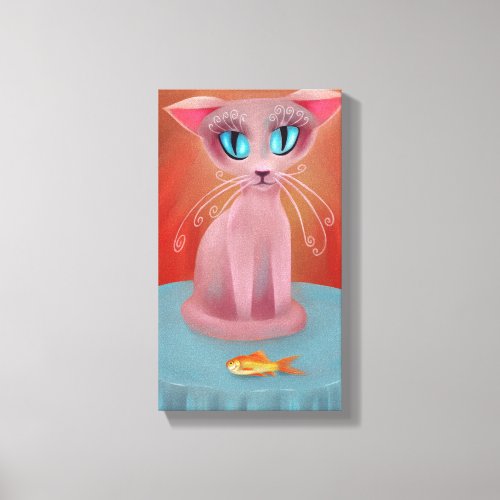 Pink Cat and her Goldfish on a Blue Table Canvas Print