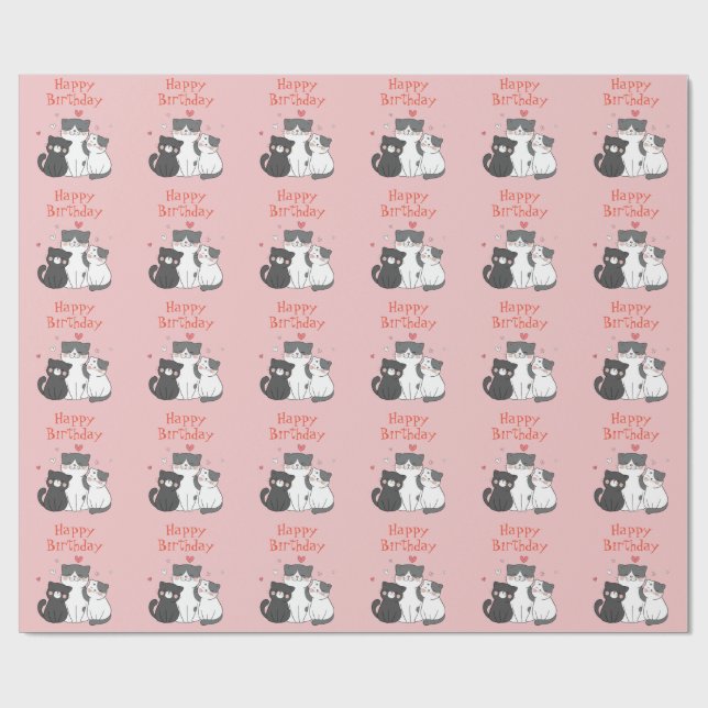 Pink Cat and Kittens Cute Happy Birthday  Wrapping Paper (Flat)