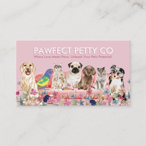 Pink Cat Bird Dog Watercolor Flowers Business Card