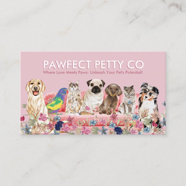 Pink Cat Bird Dog Watercolor Flowers Business Card