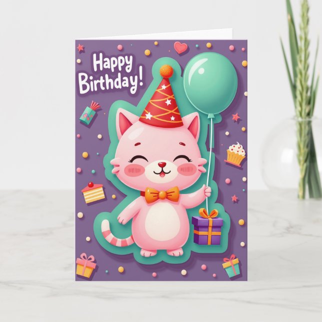 Pink Cat Birthday Joy Card (Front)