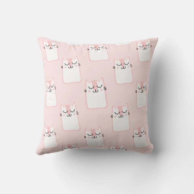 Pink Cat Cartoon Throw Pillow (Back)