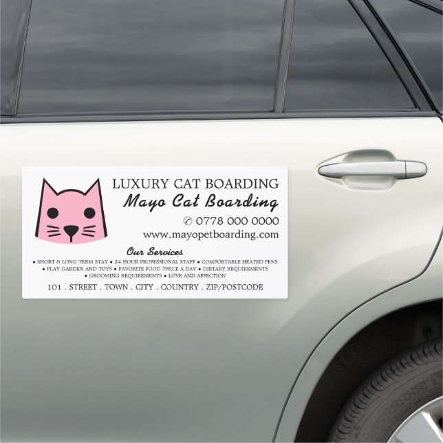 Pink Cat, Cat Boarding, Cattery Advertising Car Magnet (In Situ)
