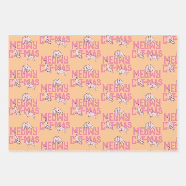 Pink Cat Christmas Light Holiday Wrapping Paper Sheets (Front)