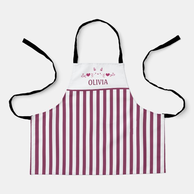 Pink Cat Face, Love Hearts, Personalized Apron (Front)