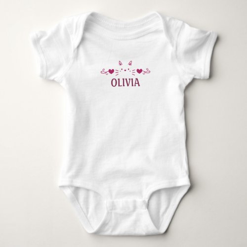 Pink Cat Face Love Hearts Personalized Baby Bodysuit