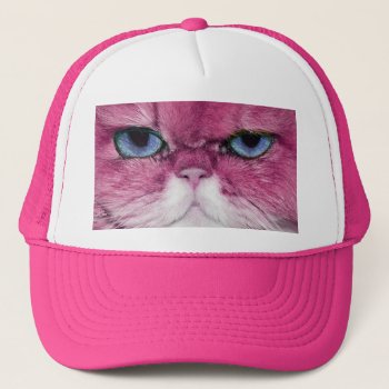 Pink Cat Fierce Look Cat Eyes  Fun Pink Cat Trucker Hat by myMegaStore at Zazzle