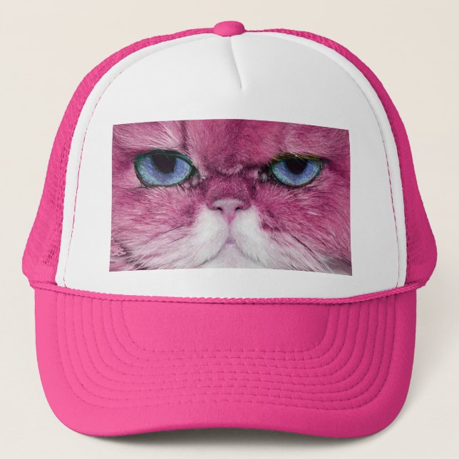 PINK CAT FIERCE LOOK CAT EYES, FUN PINK CAT TRUCKER HAT (Front)