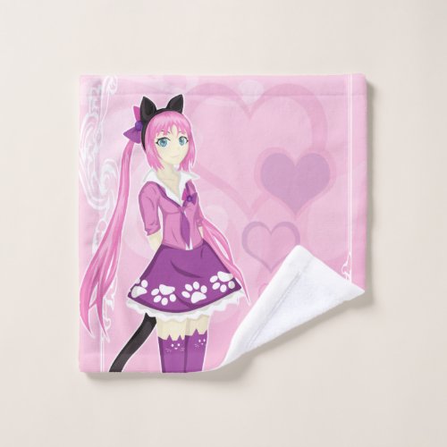 Pink Cat Girl Bath Towel Set