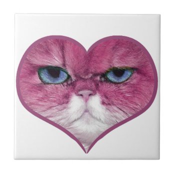 Pink Cat Heart  Funny Serious Pink Cat In A Heart Ceramic Tile by myMegaStore at Zazzle