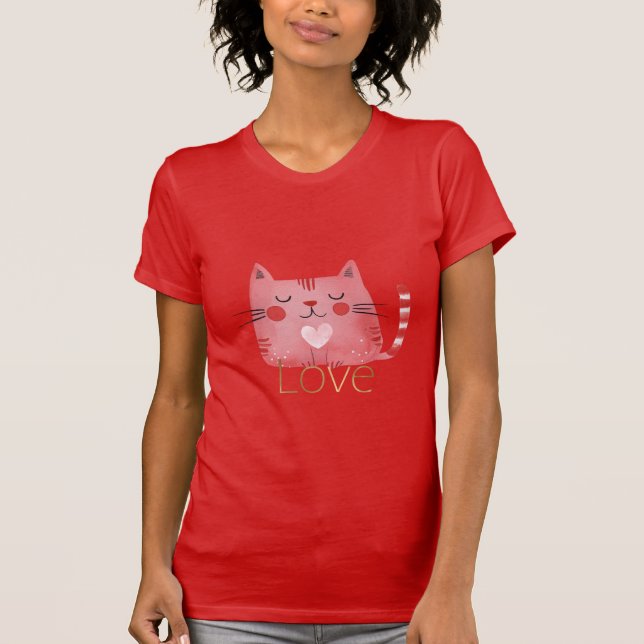 Pink Cat Heart Gold Love T-Shirt (Front)