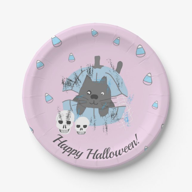 Pink Cat in Pumpkin Skull Candy Corn Halloween Paper Plates (Front)