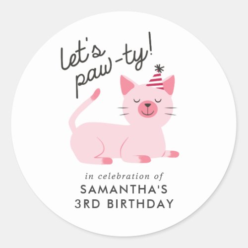 Pink Cat Kids Birthday Party  Lets Paw_ty Classic Round Sticker