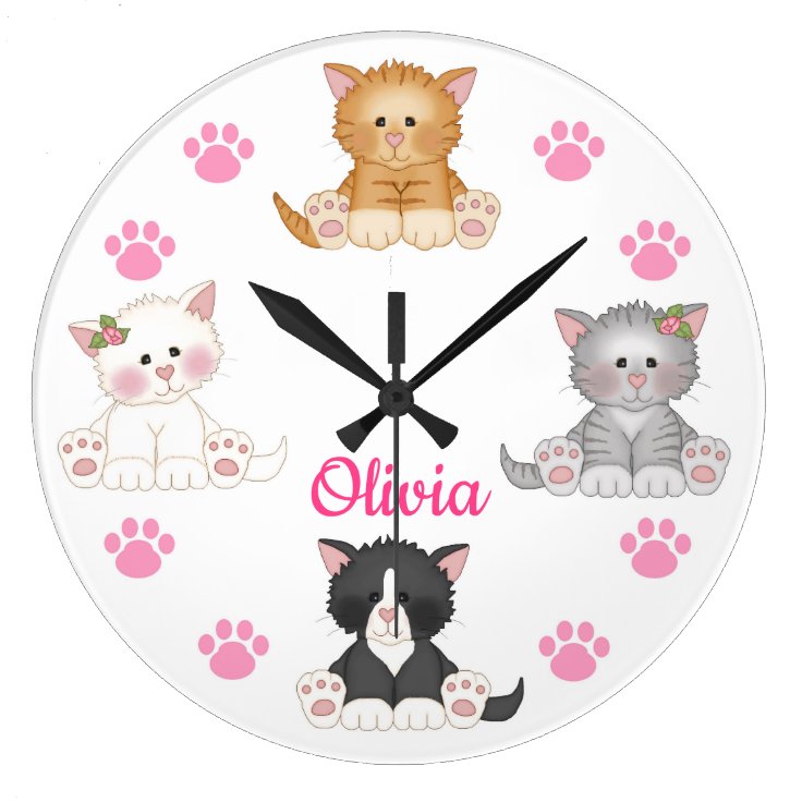 Pink Cat Kitten Baby Girl Nursery Kids Room Large Clock | Zazzle