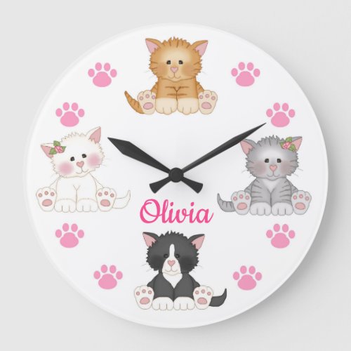 Pink Cat Kitten Baby Girl Nursery Kids Room Large Clock