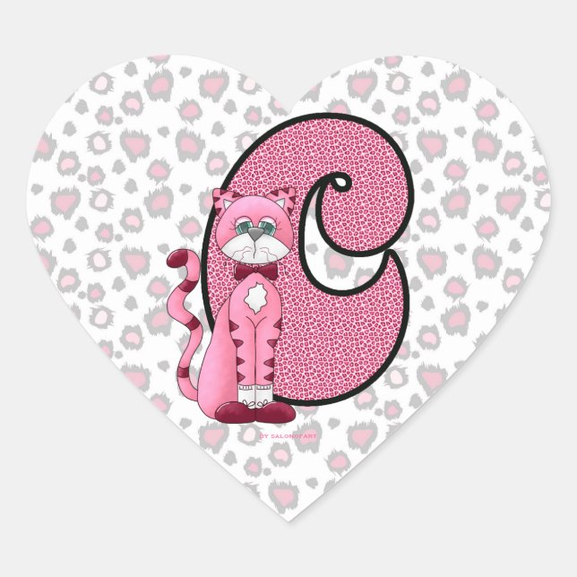 Pink Cat Monogrammed "C" Heart Stickers (Front)