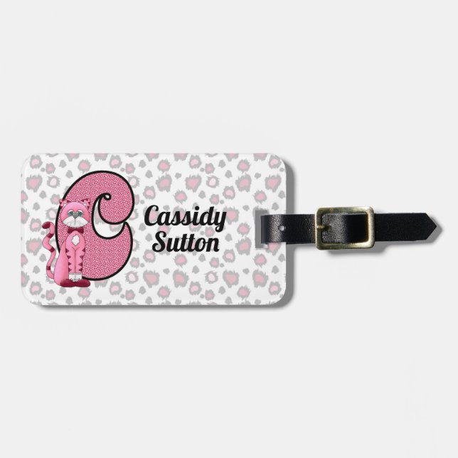 Pink Cat Monogrammed C Kids Traveler Luggage Tag (Front Horizontal)