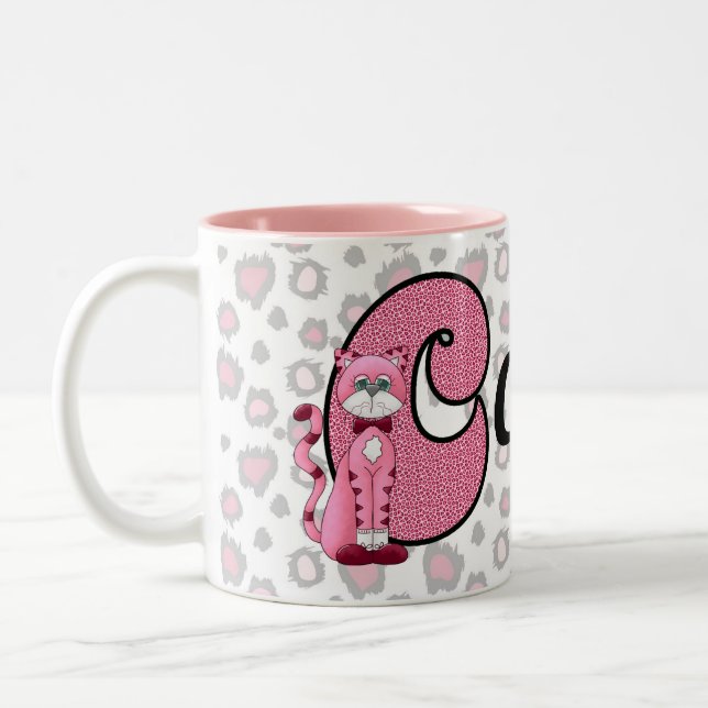 Pink Cat Monogrammed Letter C and Name Kids Two-Tone Coffee Mug (Left)