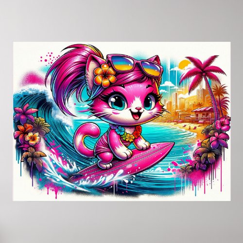 Pink Cat on a Surfboard Poster