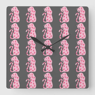 Pink Cat Pattern on Grey Background Square Wall Clock