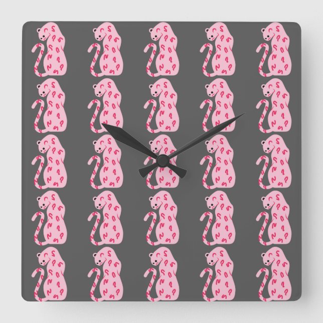 Pink Cat Pattern on Grey Background Square Wall Clock (Front)