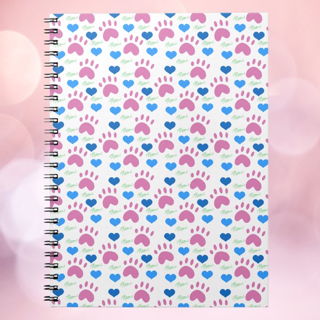 Pink Cat Paw Blue Hearts Green Meow Pattern Notebook (A notebook with a pattern of pink cat paws, blue hearts and green meows.)