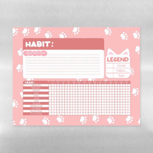 Pink Cat Paw Print Habit Tracker Magnetic Dry Erase Sheet