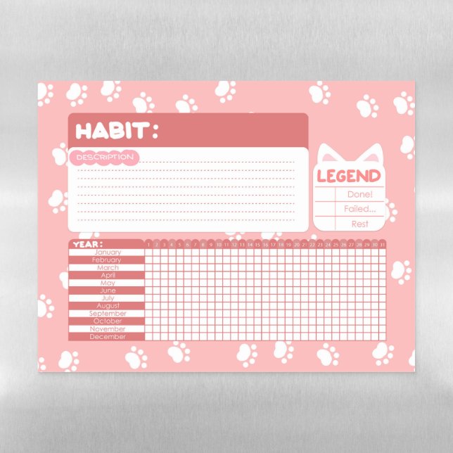 Pink Cat Paw Print Habit Tracker Magnetic Dry Erase Sheet (Horizontal)