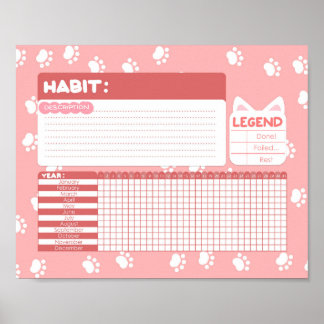 Pink Cat Paw Print Habit Tracker Poster