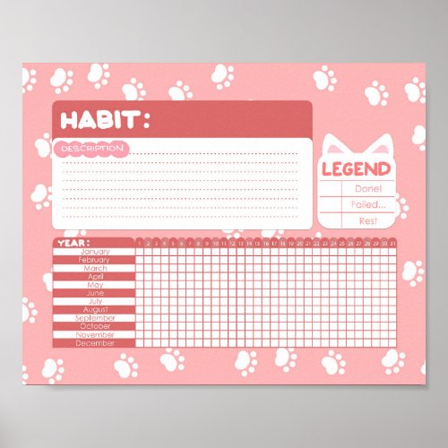 Pink Cat Paw Print Habit Tracker Poster