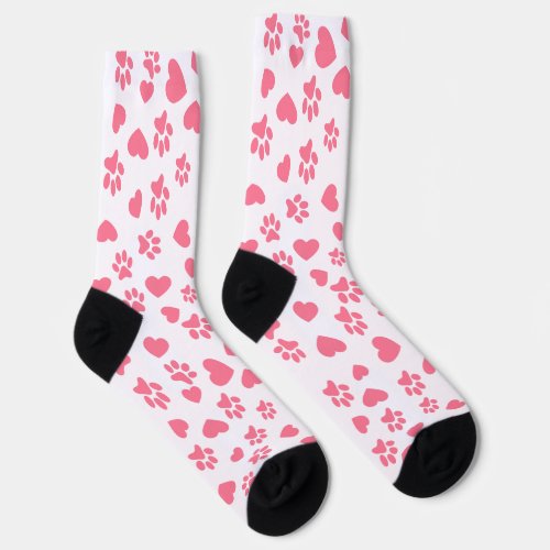 Pink Cat Paw Prints and Hearts Socks